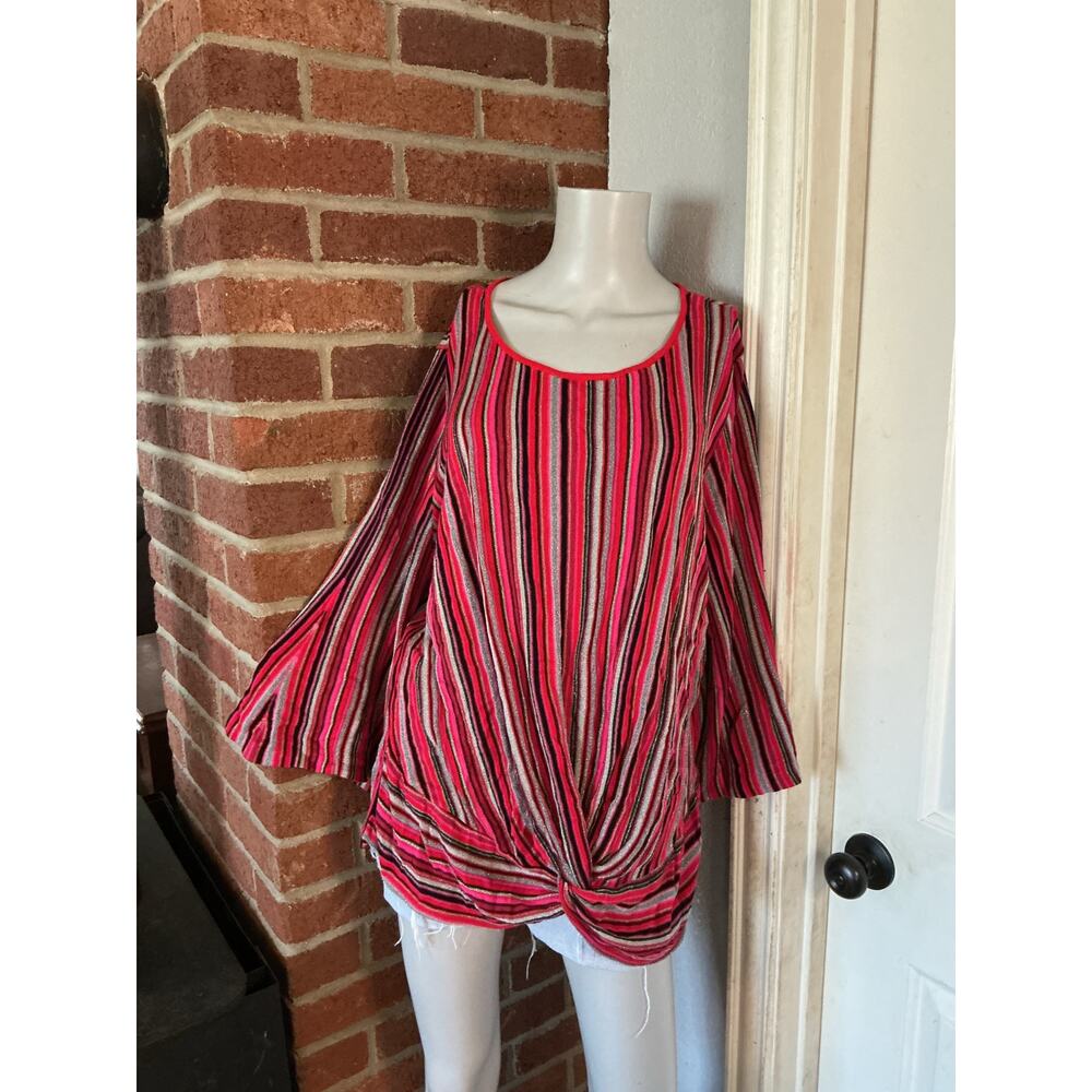 Y2K Striped Twist Front Top 2X Plus, Bell Sleeve Metallic Boho Festival